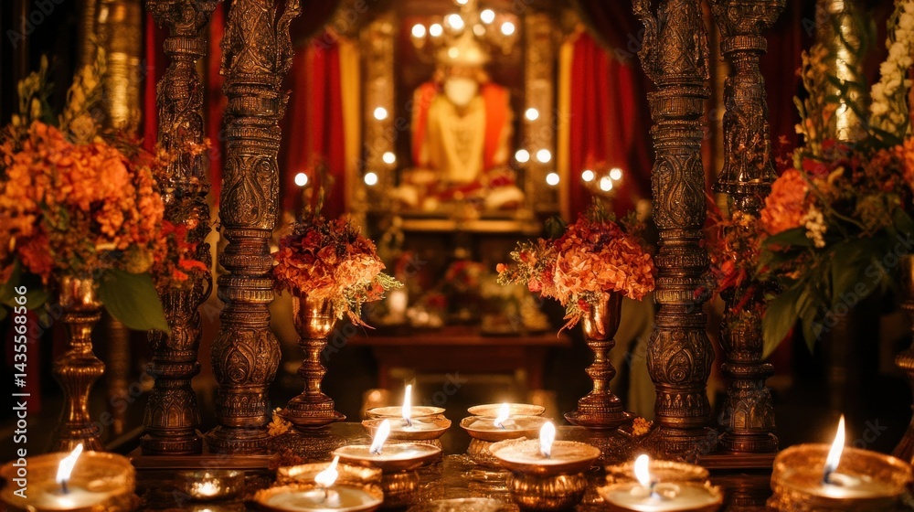 Fototapeta premium Temple-inspired Indian wedding decor with traditional carvings and oil lamps