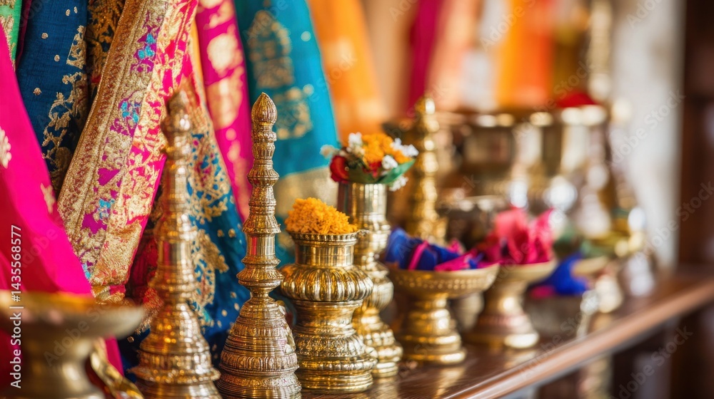 Naklejka premium Traditional Gujarati wedding decor with colorful fabric, torans, and brass items