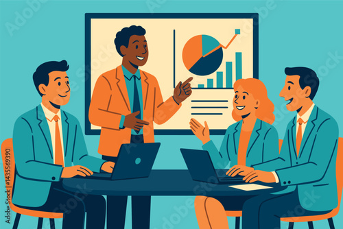 Group of people are sitting around a table with a presentation on a screen