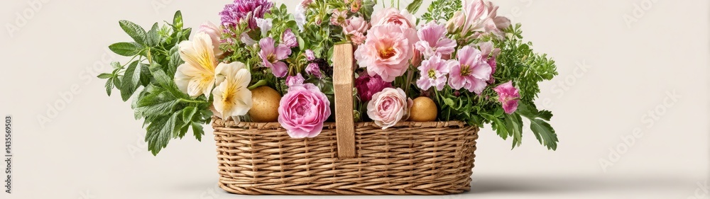 Fototapeta premium Vibrant Floral Arrangement in a Woven Basket with Fresh Fruits and Greens against a Soft Neutral Background
