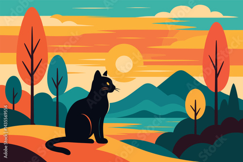 Black cat is sitting on a hillside overlooking a lake