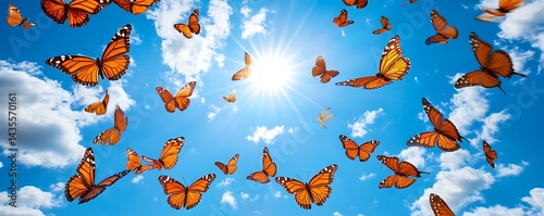 Monarch Butterflies Soaring in Sky Background