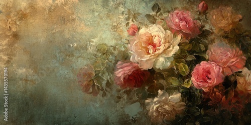 Aged Baroque floral oil painting effect with soft lighting