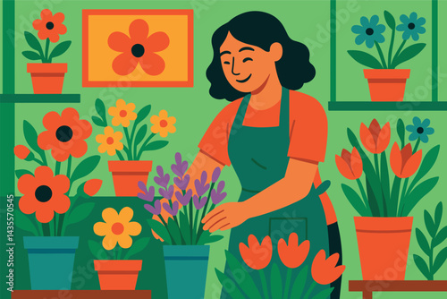 Woman is tending to a flower shop