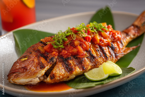Pwason Griye Whole Grilled Fish with Charred Skin, Fresh Tomato-Herb Salsa, Lime Wedges on Banana Leaf – Authentic Haitian Creole Caribbean Seafood