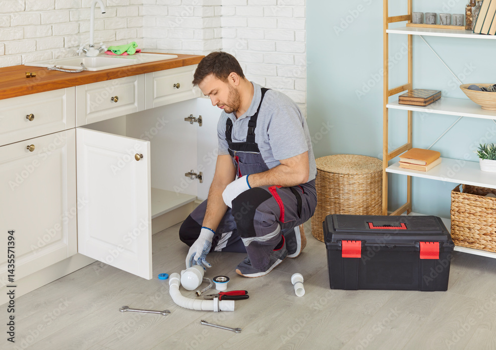 Professional male plumber in uniform with toolbox sitting near sink replacing the water filter or fixing broken pipe in modern kitchen. Repair service and plumbing maintenance concept.