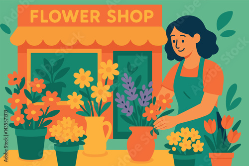Woman is working at a flower shop