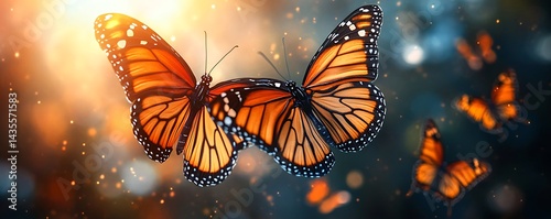 Monarch Butterflies in Flight, Sparkling Background, Inspirational
