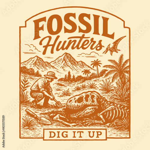 Man Digging Dinosaur Fossil Illustration Adventure Archaeology Paleontology Artwork
