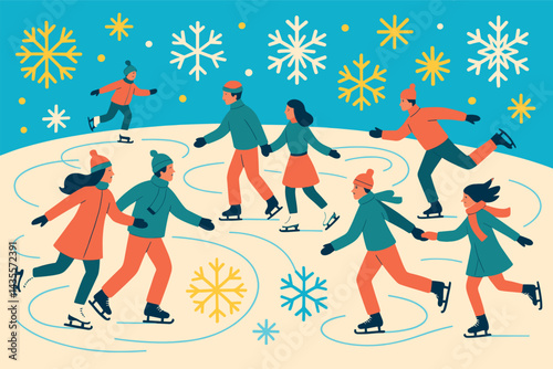 Group of people are ice skating on a frozen lake
