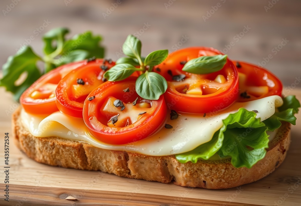 Juicy tomato slices, melted cheese, and crisp vegetables layered on fresh bread, texture, foodie Juicy tomato slices, melted cheese, and crisp vegetables layered on fresh bread, texture, foodie