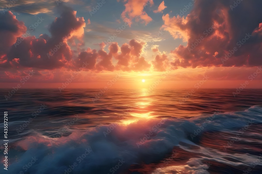 夕焼けの海原に沈む太陽と燃えるような雲が織りなす壮大な光景 オレンジ色の空と波が幻想的な風景を作り出す 夕焼けの海原に沈む太陽と燃えるような雲が織りなす壮大な光景 オレンジ色の空と波が幻想的な風景を作り出す