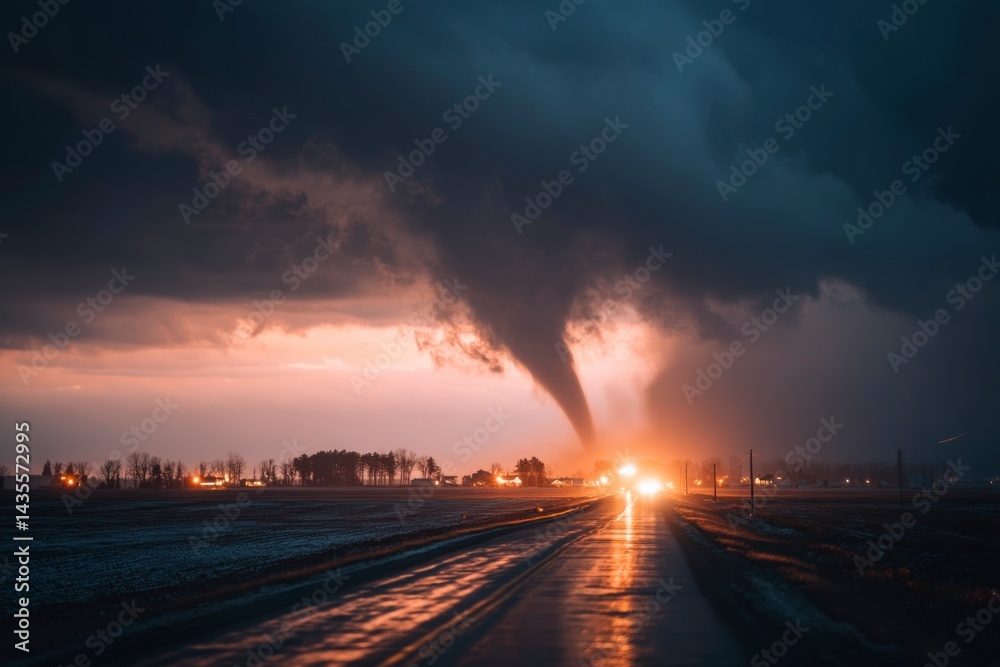 Dramatic Tornado Touching Down on Wet Road Under Stormy Sky Dramatic Tornado Touching Down on Wet Road Under Stormy Sky