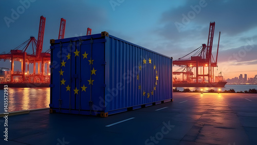 Dramatic Lighting on EU Flag Container at Port with City Skyline