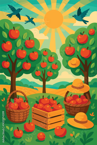 Painting of a field with trees and apples