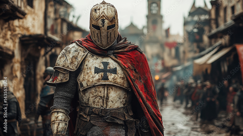 Naklejka premium Medieval Knight in a Dusty Town Square