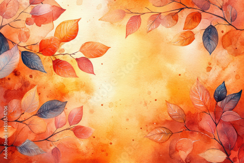 Watercolor autumn background with leaves scattered in vibrant hues, creating a vivid and seasonally rich artistic composition.