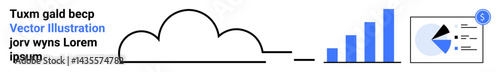 Cloud symbol connected to bar chart depicting growth trends and pie chart showcasing data distribution. Ideal for data analysis, statistics, tech, business growth, financial report, cloud storage