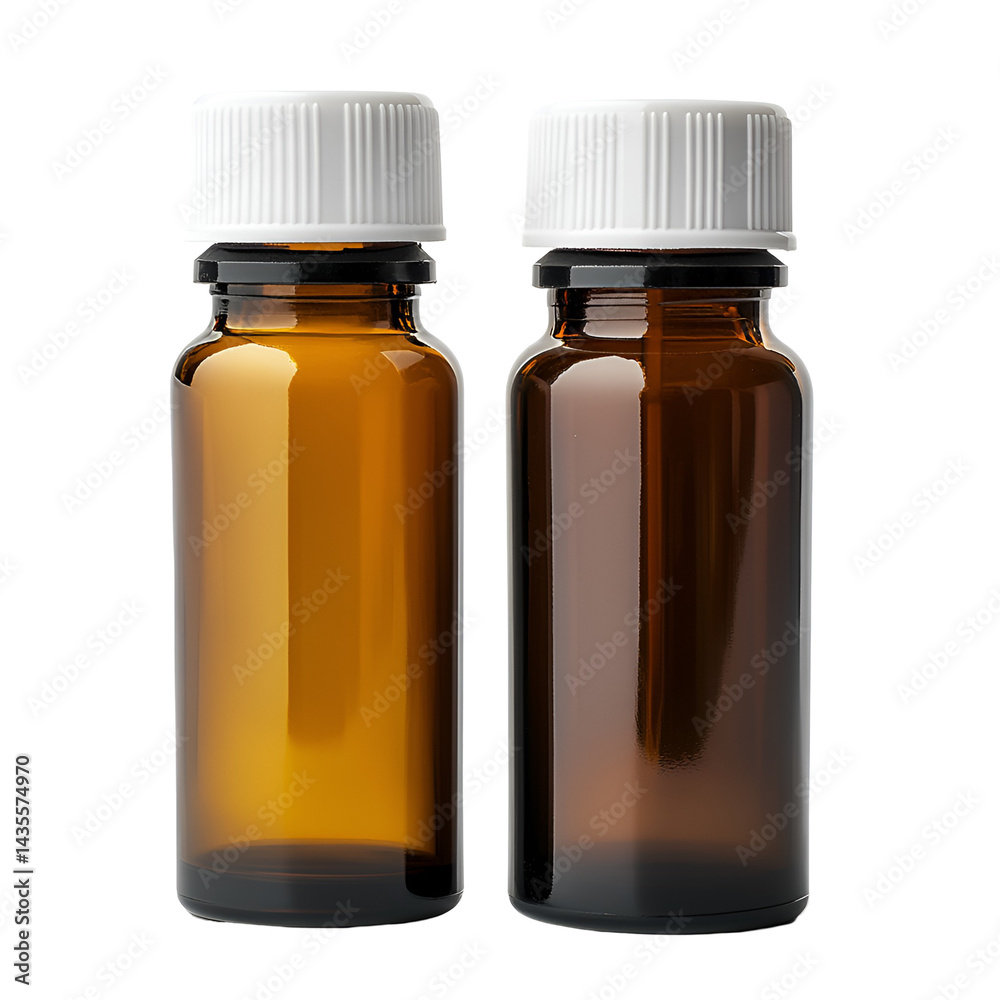 Fototapeta premium Two amber glass bottles with white caps on black background