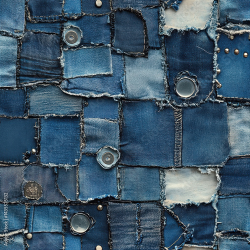 Blue patchwork fabric with holes and rips.