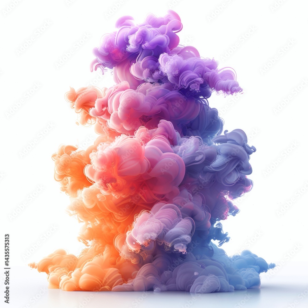 Fototapeta premium Dense burst of rainbow smoke emerging from the center, expanding outward in soft plumes, each layer distinct against a white background. Colorful explosion concept