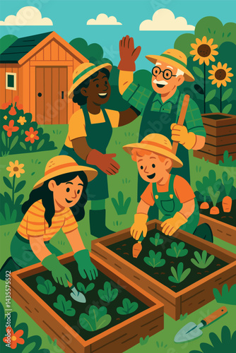 Group of people are working in a garden