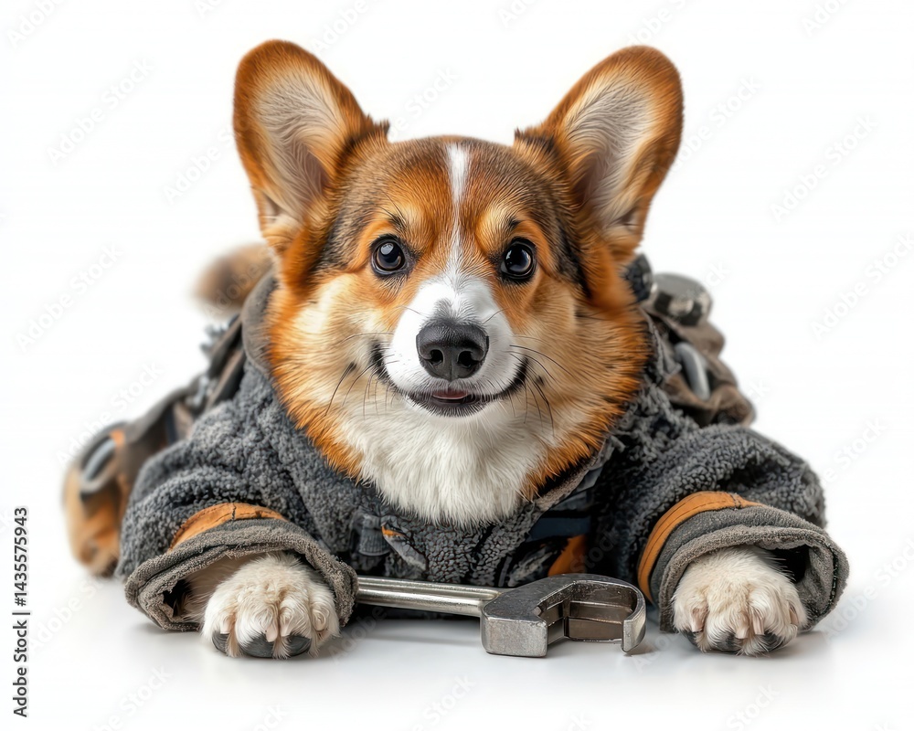 Corgi dog in a cozy outfit lying with a wrench, showcasing pet fashion creativity Corgi dog in a cozy outfit lying with a wrench, showcasing pet fashion creativity