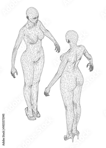Two women are shown in a black and white illustration. One of the women is wearing high heels. Isometric view