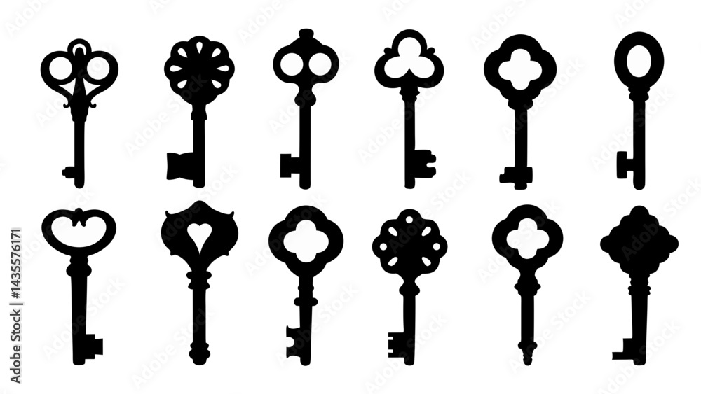 set of key silhouette vector on tranparent background