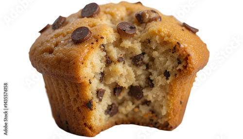 A delectable chocolate chip muffin with a visible bite taken, revealing its soft, airy texture isolated on transparent background 