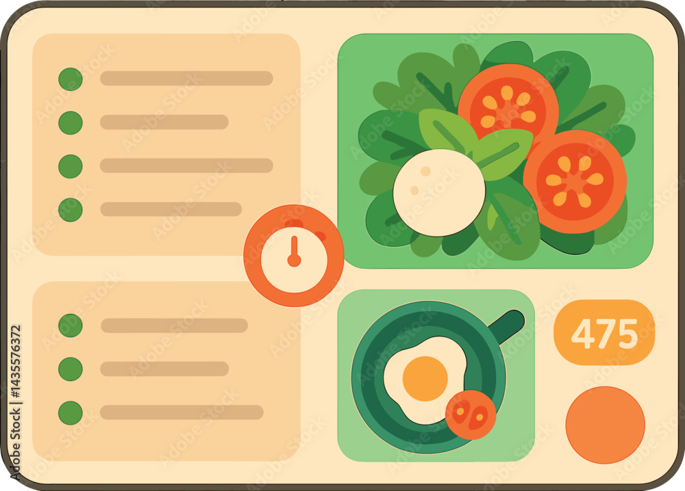 Vector illustration of a recipe app interface showing ingredients list, cooking timer, images, and calorie info. Fresh, inviting colors, no text, transparent background. Vector illustration of a recipe app interface showing ingredients list, cooking timer, images, and calorie info. Fresh, inviting colors, no text, transparent background.