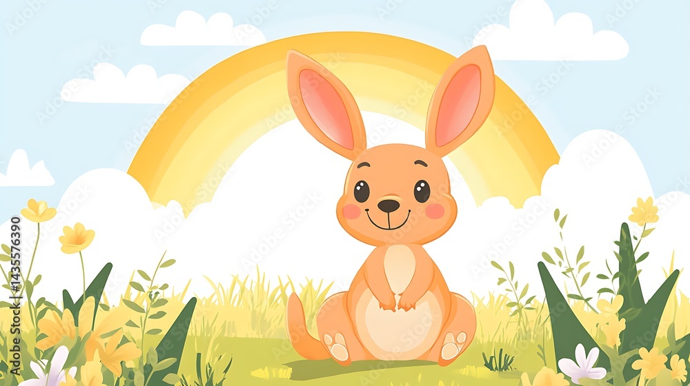 Fototapeta premium Cute Kangaroo Meadow Rainbow.