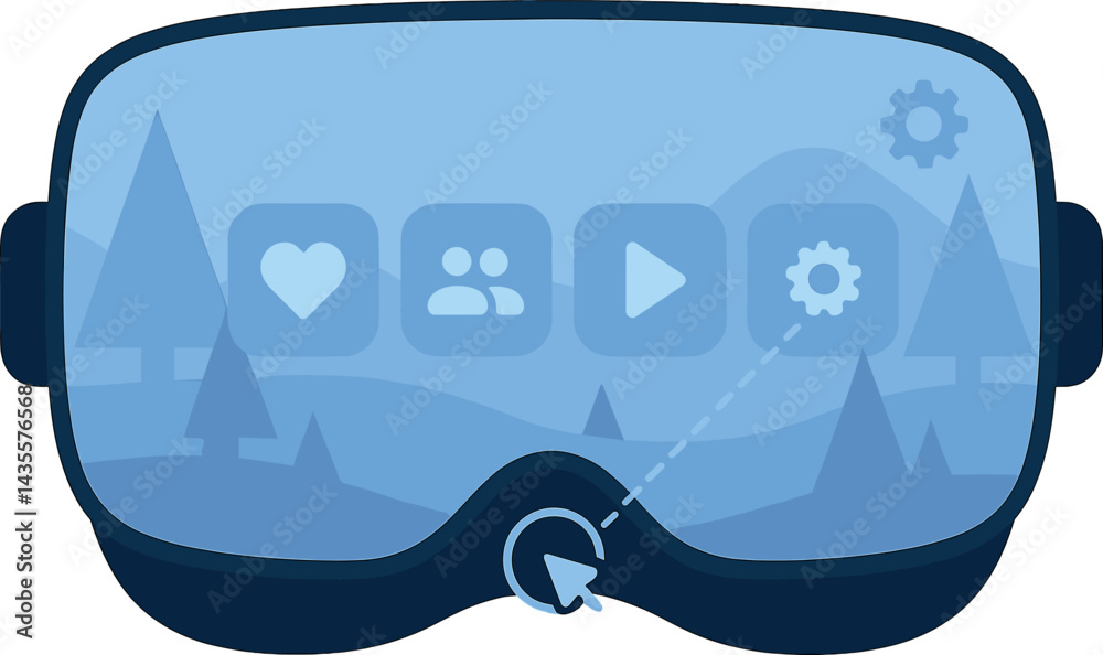 Vector illustration of a VR headset interface with interactive icons, gaze cursor, settings wheel, and 3D scene. Immersive yet minimal visuals, no text, transparent background.