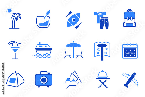 Adventure solid icon set. Vector illustration of hike, camp, global, position, advance, campaign, location, backpack, climb, surfing, climbing, travel, canoeing etc. Outdoor activity concept.