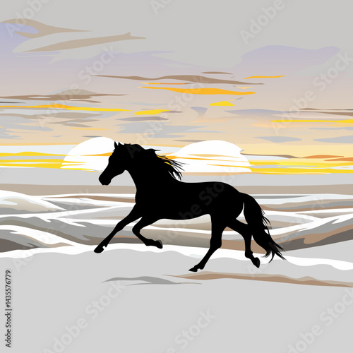 Galloping Horse Silhouette at Sunset - Desert Vector SVG