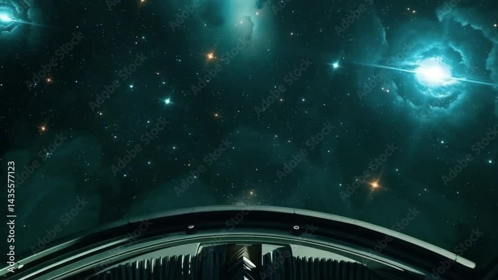 Stunning view of starry cosmos with glowing nebulae and celestial bodies from spaceship perspective

