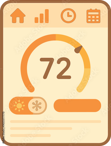 Vector illustration of a smart thermostat app with temperature dial, mode switcher, energy report, and schedule tabs. Warm and functional design, no text, transparent background