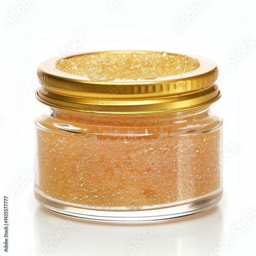 Golden, granular body scrub in a clear jar with a gold lid.