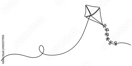 Kite continuous one line drawing of vector illustration, Continuous one line kite, Kite Icon, Flying Kite icon hand drawn kite illustration, Kite   continuous one line drawing of outline vector.