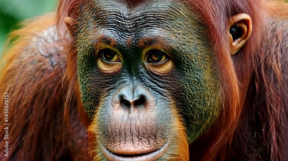 Close-up portrait of a reddish-brown orangutan with thoughtful expression