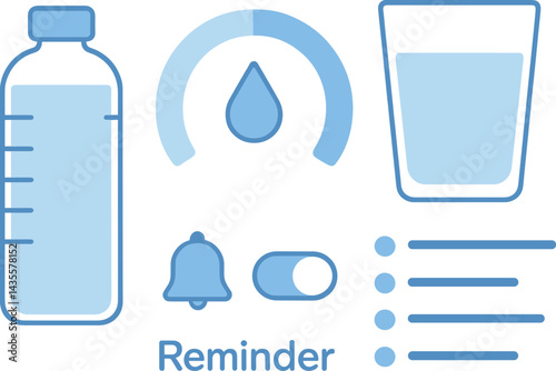 Vector illustration of a water intake tracker with progress meter, daily goal, reminder toggle, and hydration log. Clean and refreshing style, no text, transparent background