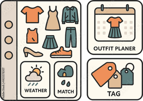 Vector illustration of a wardrobe organizer app with clothing categories, outfit planner, weather match feature, and tag icons. Stylish and functional design, no text, transparent background