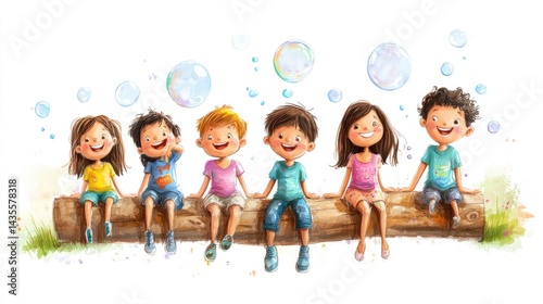 Four children are laughing and reaching towards floating bubbles in a natural outdoor setting.