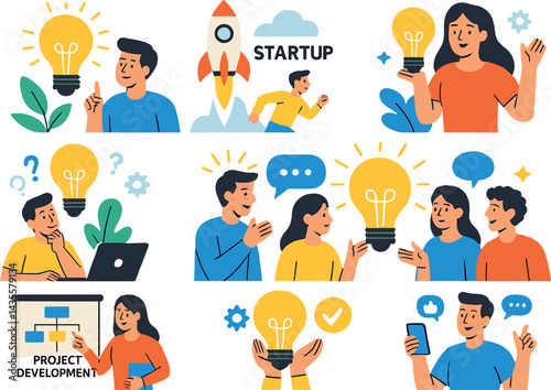 All good ideas. Set of vector illustrations of big idea, startup, creative and business idea, tips, brainstorming, project development, innovative solutions, social media and marketing