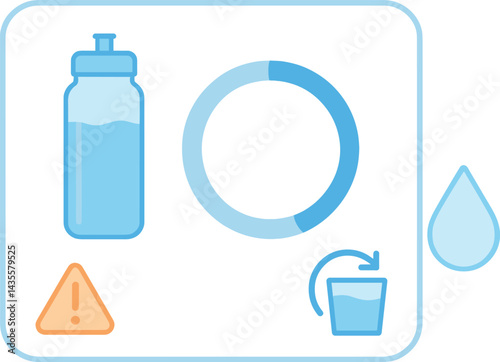 Vector illustration of a water tracking reminder popup with hydration ring, daily goal, missed reminder alert, and refill icon. Clear and refreshing style, no text, transparent background