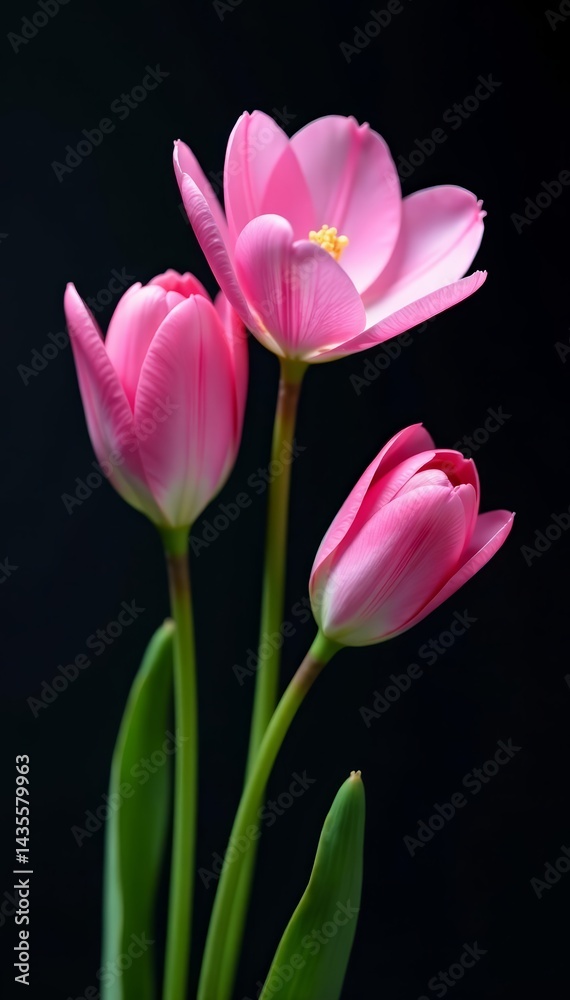 Obraz premium Macro shot of delicate pink flowers standing out against black, garden, beautiful