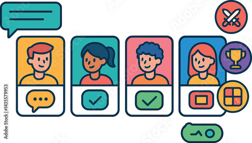 Vector illustration of a virtual game lobby with player cards, chat window, ready status, and game mode icons. Social and dynamic design, no text, transparent background