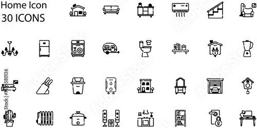 Vector Home Icons Set. 30 Minimalist Household Symbols for Interior Design Projects.