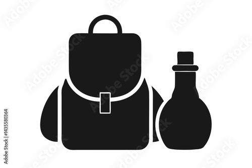 Backpack With Bedroll And Flask Silhouette Vector Illustration