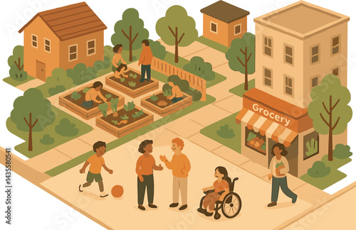 Isometric vector illustration of a small urban neighborhood with community garden, local grocery, chatting neighbors, and kids playing. Cozy, inclusive, and warm, no text, transparent background